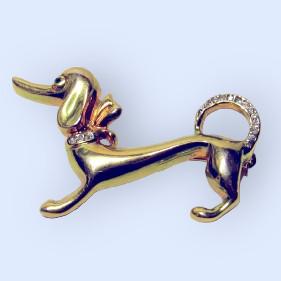 Authentic Original Vintage Style Jewelry - Vintage Dachshund Dog Gold Tone Rhinestone Brooch
